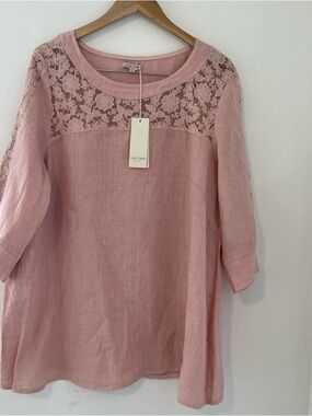 Lina Tomei 100% Linen Lace Yoke Tunic in Dusty Pink